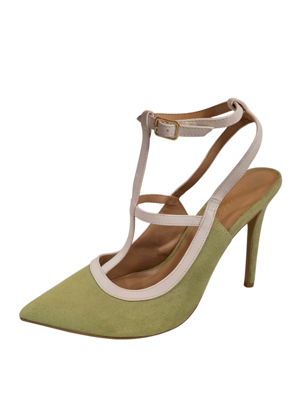Eva Mendes NY T-Strap Pointed Toe Stiletto Heels Green Faux Suede Pumps Size 9M - Picture 3 of 16